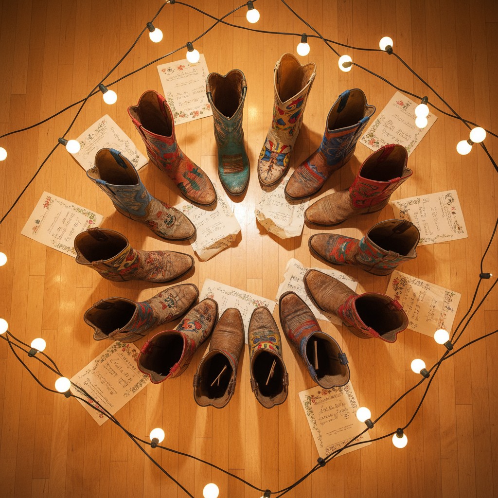 A collection of worn cowboy boots, arranged in a circular pattern on a wooden floor, with Christmas lights and handwritten...