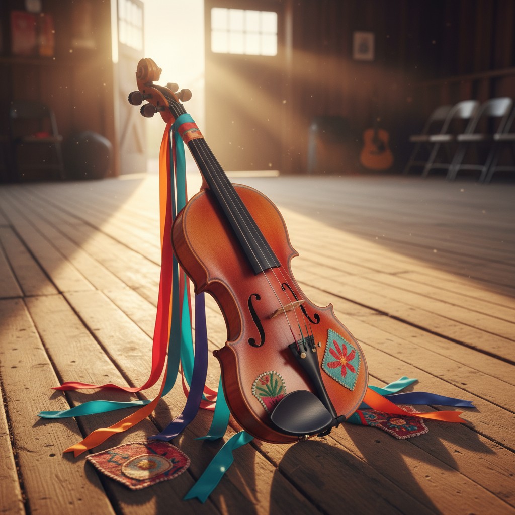 A violin stands upright on a wooden floor, adorned with colorful ribbons.
