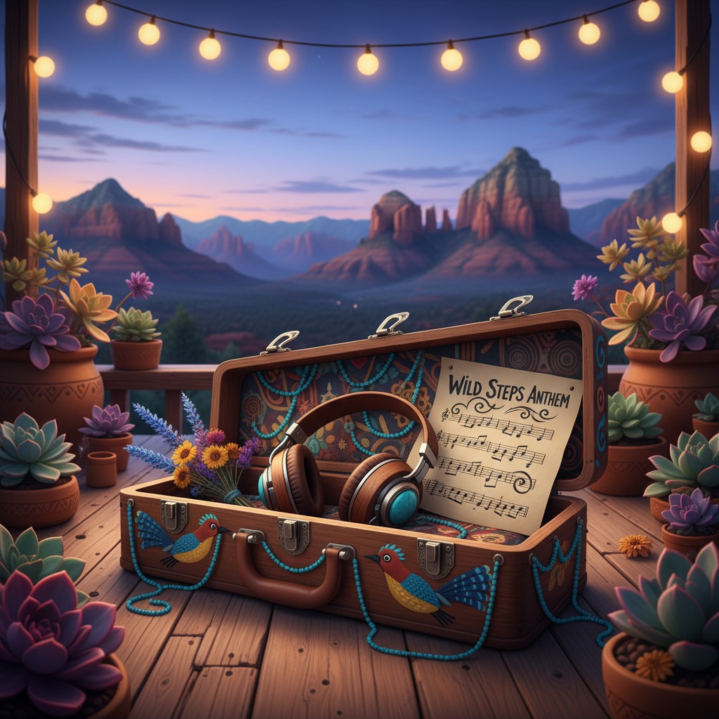 Image of a wooden deck at dusk with a string of lights and a briefcase containing headphones and sheet music situated with...