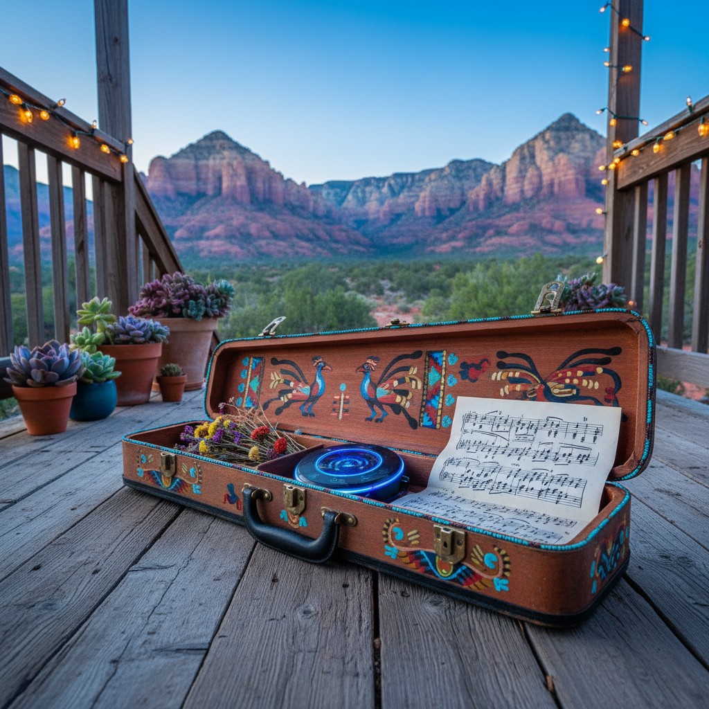 The image shows a suitcase that has been transformed into a musical instrument, with a clarinet painted on the side. The s...