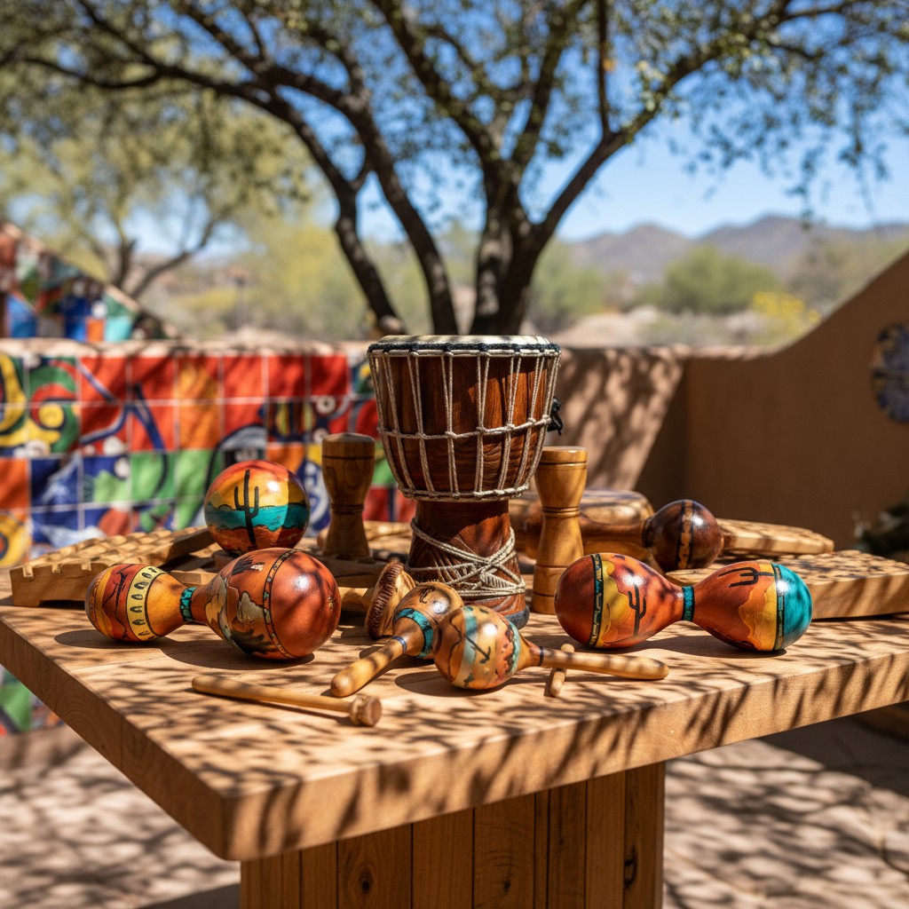 An outdoor setting with a wooden table covered in various musical instruments, set against a backdrop of trees and mountai...