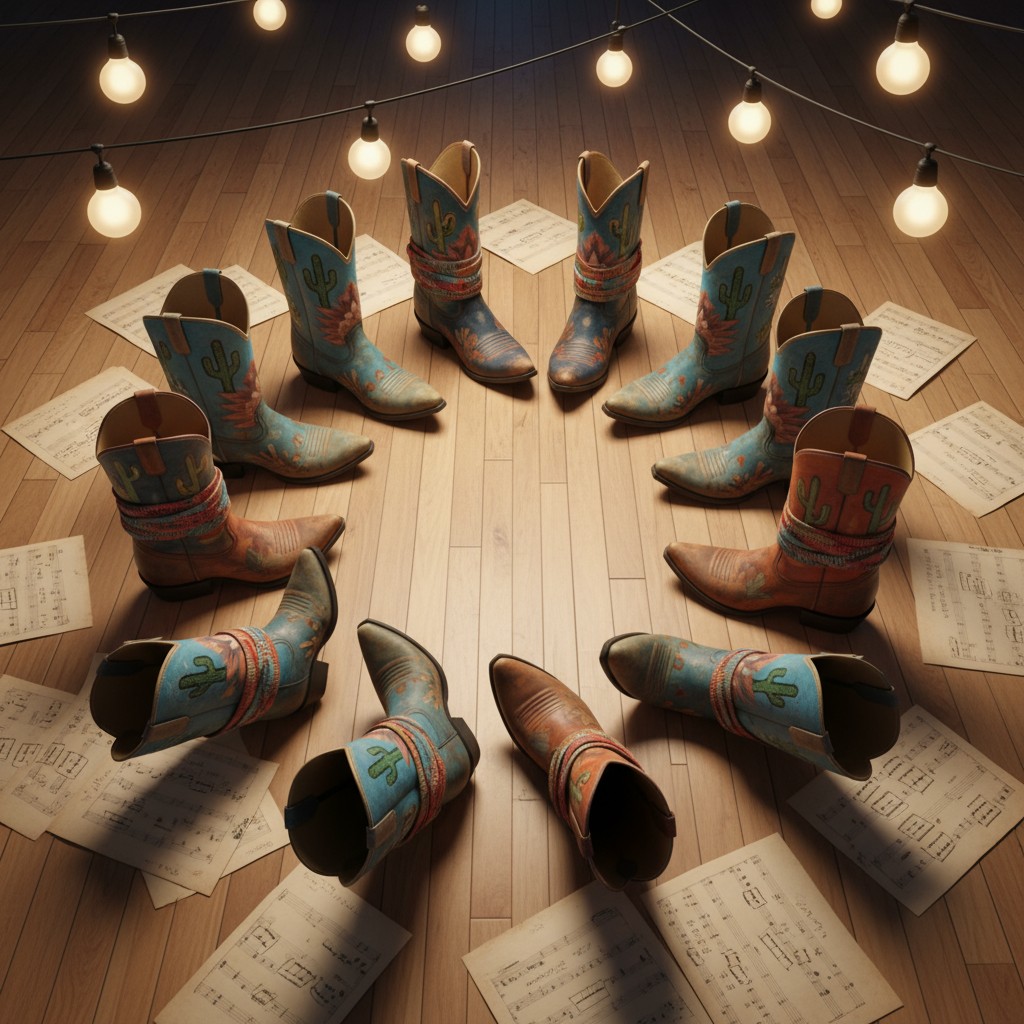 A pair of light blue cowboy boots with cactus designs on a hardwood floor, surrounded by scattered sheet music and string ...